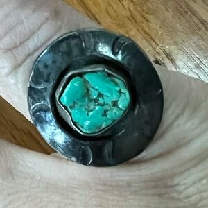 Old Pawn Hand Stamped Sterling Silver and Turquoise Ring
